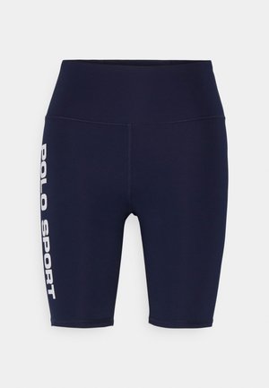 Calções atléticos azul-marinho feitos de tecido elástico, com um cós alto e um logotipo branco "POLO SPORT" no lado esquerdo.