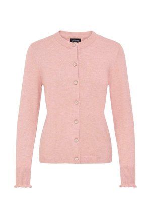Rosa cardigan laget av mykt materiale, med rund hals, front lukking med knapper, og ribbede ermer med volangkant.