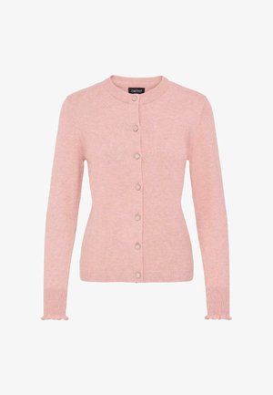 Pink cardigan made of soft material, featuring a round neck, front button closure, and ribbed cuffs with a ruffled edge.
