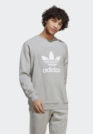 Felpa di cotone grigia con maniche lunghe, polsini a coste e collo rotondo; presenta un grande logo Adidas bianco ed è abbinata a pantaloni coordinati.