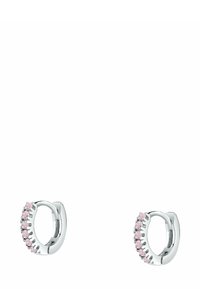 Orecchini a cerchio in argento con una fila di gemme rosa lungo il bordo frontale, texture liscia e un design elegante e arrotondato.