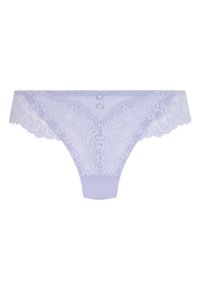 Lavendel kanten string met bloemenpatronen, doorzichtige stof en satijnen accenten, voorzien van twee kleine knopen aan de voorkant.