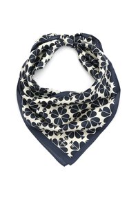 Square silk scarf in cream with navy floral pattern, finished with a solid navy border and a branded accent in gold at the edge.