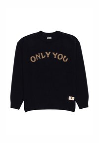 Mörk marinblå tröja i mjuk stickad textil med frasen "BARA DU" i ljusbrun, med ribbade ärm- och nederkanter. Liten logotypetikett i botten.