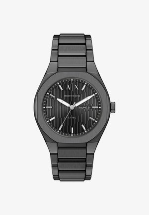 Zwart Armani Exchange SYNC polshorloge met metalen band, gestructureerde wijzerplaat, witte uurmarkeringen en dag-datumweergave die zondag 21 toont.