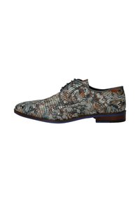 Heren schoenen met een textuur in meerdere kleuren, in tinten grijs, bruin en blauw, met een vetersluiting en een lage hak.