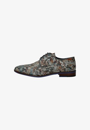 Heren schoenen met een textuur in meerdere kleuren, in tinten grijs, bruin en blauw, met een vetersluiting en een lage hak.