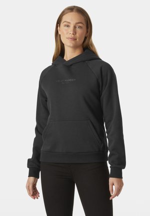 Black hooded sweatshirt with a kangaroo pocket, featuring a subtle logo on the chest. Made of soft fabric with ribbed cuffs and hem.