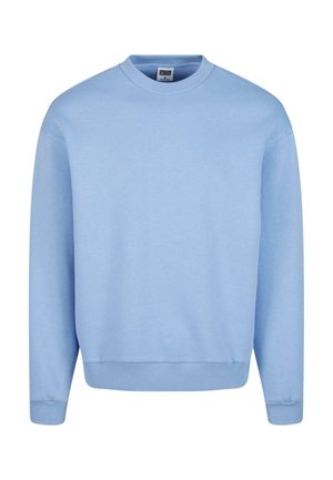 Sudadera de color azul claro hecha de un tejido suave, con cuello redondo, mangas largas y puños y dobladillo acanalados. Diseño simple sin patrones.