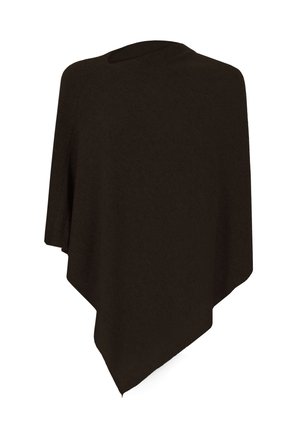 Poncho marrone scuro in tessuto morbido. Presenta una scollatura arrotondata, un design drappeggiato e un orlo asimmetrico. Superficie semplice, senza decorazioni.