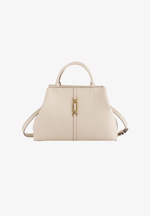 Sac à main en cuir beige avec poignées supérieures, bandoulière amovible et détail de fermoir rectangulaire doré au centre à l'avant.