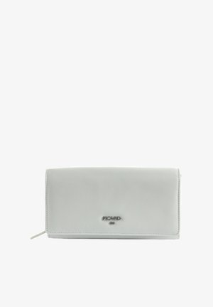 Portefeuille en cuir blanc avec une fermeture à rabat et un petit logo argenté Picard 1928 centré sur le devant.