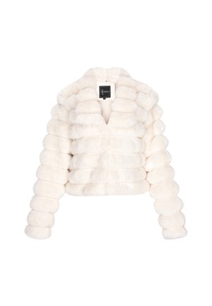 Weißer, plüschiger Kunstpelz-Pufferjacke mit horizontalen gepolsterten Abschnitten und hohem Kragen, vor einem weißen Hintergrund präsentiert.