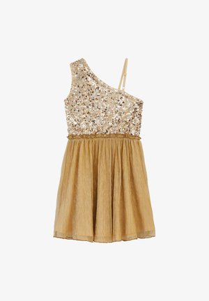 Guldkjole med enkelt skulderdesign, udsmykket med palietter øverst og et plisseret, struktureret skørt. Justerbar strop inkluderet.