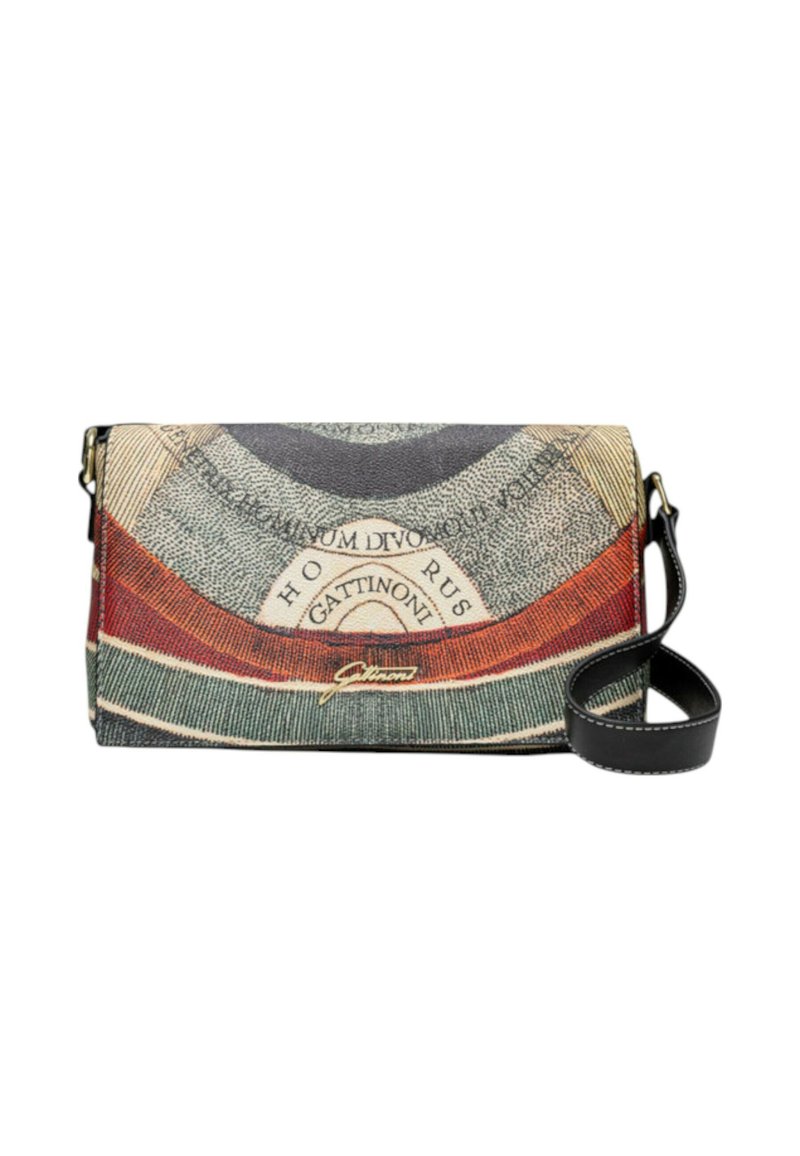 Borsa a tracolla con una finitura in tela testurizzata caratterizzata da motivi multicolori in verde, rosso e crema. Include una tracolla nera removibile.