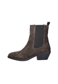 Bruine enkelboots met een luipaardprintpatroon, voorzien van elastische zijkanten, een trekhaak en een lage blokhak. Gemaakt van een gestructureerd materiaal.