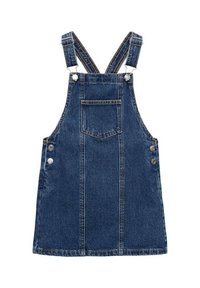 Denim overall-dress med justerbare stropper, brystlomme foran og metal knapdetaljer. Mørkeblå farve med en glat tekstur.