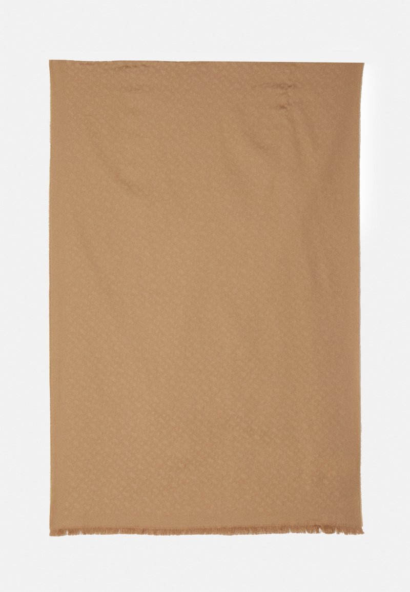 Écharpe rectangulaire marron clair avec un motif géométrique subtil et des franges courtes sur le bord inférieur, posée à plat sur un fond blanc.