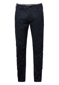 Pantalon bleu marine foncé coupe slim avec bouton à l'avant et passants pour ceinture, présenté sur fond blanc.