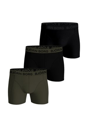 Drei Paar Herren-Boxershorts in Schwarz und Dunkelgrün mit elastischen Bundsätzen, die "BJÖRN BORG" tragen.