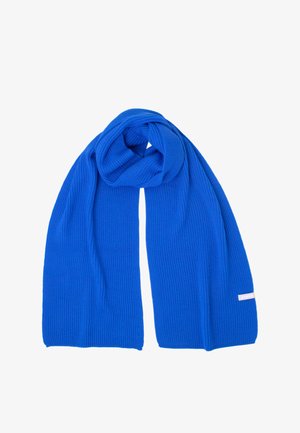 Blue knitted scarf featuring a ribbed texture, with a rectangular shape and a small logo tag on one end.
