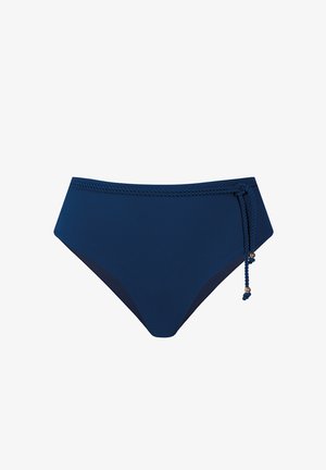 Granatowe żeberkowane bikini z wysokim stanem i plecionym troczkiem zawiązanym po prawej stronie z ozdobnymi złotymi końcówkami.