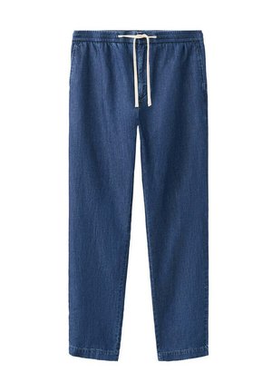 Pantalon jogger en denim bleu avec taille élastique et cordon blanc, jambes droites et poches latérales, présenté sur fond blanc.