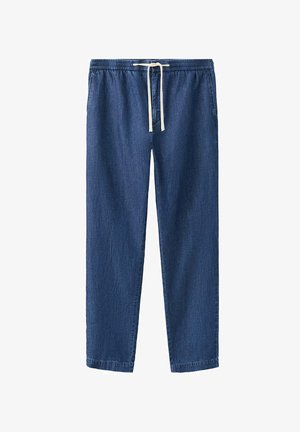 Pantalon jogger en denim bleu avec taille élastique et cordon blanc, jambes droites et poches latérales, présenté sur fond blanc.