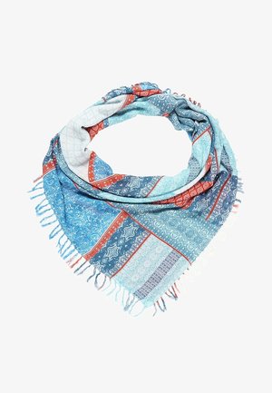 Foulard triangulaire bleu et rouge à motifs avec bords frangés, présentant des dessins géométriques et floraux complexes.