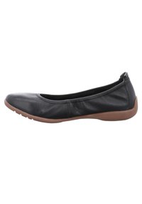 Ballet flat in pelle nera con punta arrotondata, colletto elastico e suola in gomma marrone con una texture sottile. Nessun hardware visibile.