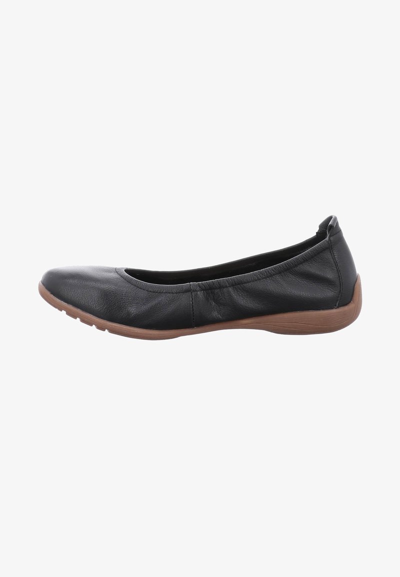 Ballerine en cuir noir avec un bout rond, col élastique et semelle en caoutchouc marron présentant une texture discrète. Aucun matériel visible.