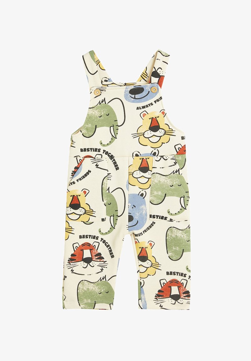 Cotton overalls in cream with colorful animal prints (lion, elephant, and tiger). Features adjustable straps and two front pockets.