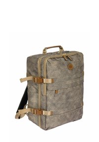 Sac à dos en tissu gris texturé avec double fermeture éclair, bandoulière réglable, boucles sur les côtés et poignée renforcée, présentant une forme rectangulaire structurée.