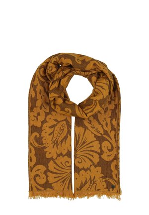 Brown and mustard scarf, floral pattern, fringed ends, woven texture; circular shape with loose drape.