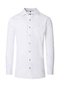 Weißes Langarmhemd aus Baumwolle. Mit durchgehender Knopfleiste, einer einzelnen Brusttasche und gesticktem Innenkragen.