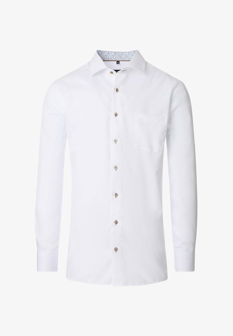 Weißes Langarmhemd aus Baumwolle. Mit durchgehender Knopfleiste, einer einzelnen Brusttasche und gesticktem Innenkragen.