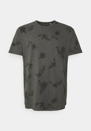 T-shirt vert foncé à manches courtes avec un motif floral subtil, col rond et coupe décontractée. Confectionné en tissu léger et texturé.