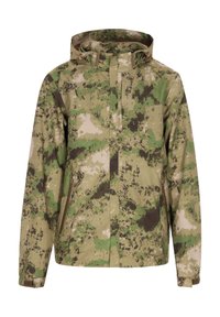 Jachetă de camuflaj cu un amestec de modele verzi, căprui și bej. Ușoară, cu glugă și buzunare laterale. Textură de țesătură durabilă.