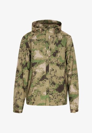 Camouflerjack met een mix van groene, bruine en beige patronen. Lichtgewicht, met een capuchon en zijzakken. Duurzame stoftextuur.