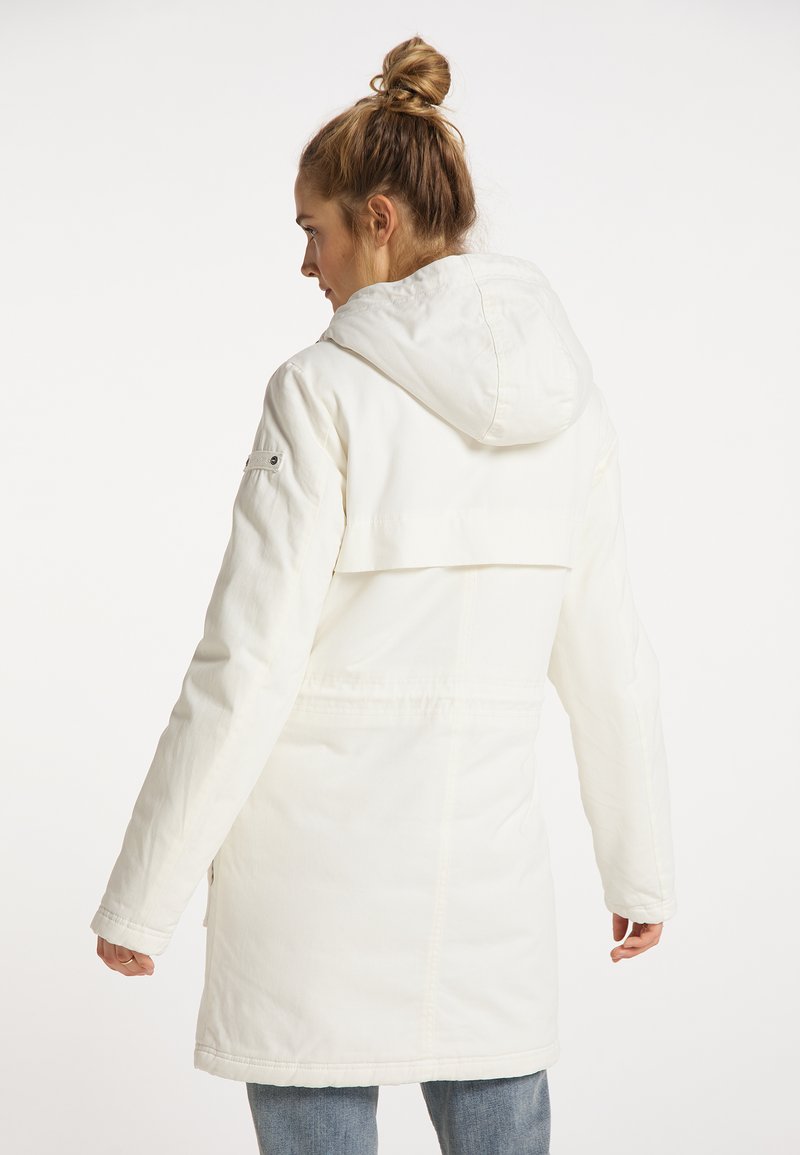 Lange witte buitenjas met capuchon, voorzien van een rugpand en zijzakken. Gestructureerde stof, comfortabele pasvorm en lange mouwen.