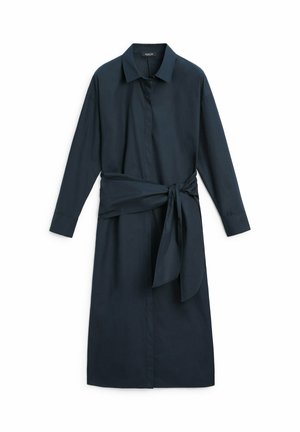 Dark navy long-sleeve shirt dress with collar, button placket, and wide fabric belt tied in a knot at the waist.