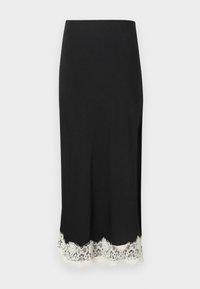 Μαύρη midi φούστα με ευθεία γραμμή και λευκή δαντέλα κατά μήκος του στριφώματος, παρουσιάζεται σε απλό φωτεινό φόντο.