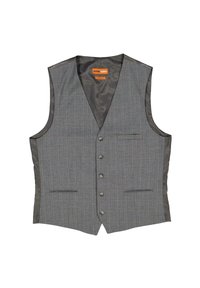 Graue karierte Weste mit schlanker Passform, ausgestattet mit einem V-Ausschnitt, sechs Knöpfen und satinähnlichen Seitenpaneelen. Sie verfügt über zwei Fronttaschen und eine glatte Textur.