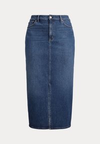 Jeanskjørt i mørkeblått, knelengde, med rett snitt, frontknappelukking og subtil sømdetalj langs sømmene.