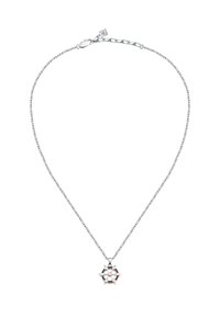 Collana in argento con ciondolo a forma di stella, caratterizzato da accenti alternati in rosa e nero e una finitura metallica liscia.