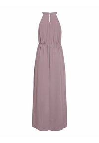 Robe maxi fluide sans manches en mauve clair, avec un col haut, une taille élastique et un dos en découpe. Tissu doux et lisse.