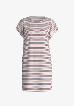 Gestreepte korte jurk van zachte stof, met horizontale lijnen in tinten van roze, wit en donkerblauw, voorzien van een ronde halslijn.