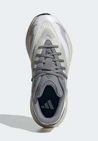 Harmaa urheilujalkine, jossa on teksturoitu päällinen, valkoiset yksityiskohdat, nauhakiristys ja pehmustettu pohja. Koristeltu logolla sisäpohjassa.