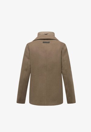 Manteau en mélange de laine marron avec une silhouette ajustée, présentant un col haut et une petite étiquette à l'arrière. Design simple et épuré.