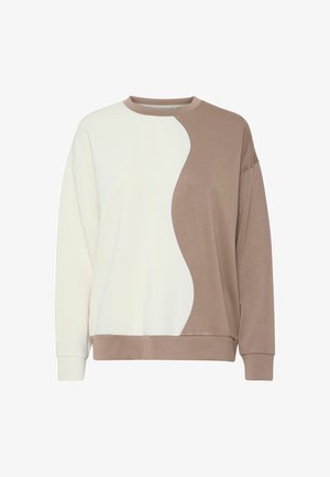 Kapuutsiga dressipluus, millel on kreemjas ja heledas pruunis värvi blokeerimise disain, kõverate servade ja soonikkraedega. Sile tekstuur, mugav istuvus.